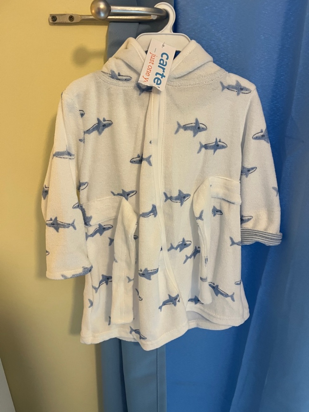 Carter's White Hooded Baby Robe with Blue Shark Print